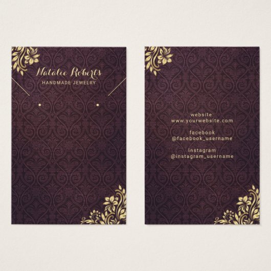 Moderne Gold Ornament Paarse Damask-draagbeeldsche Visitekaartje (Voorkant /achterkant)