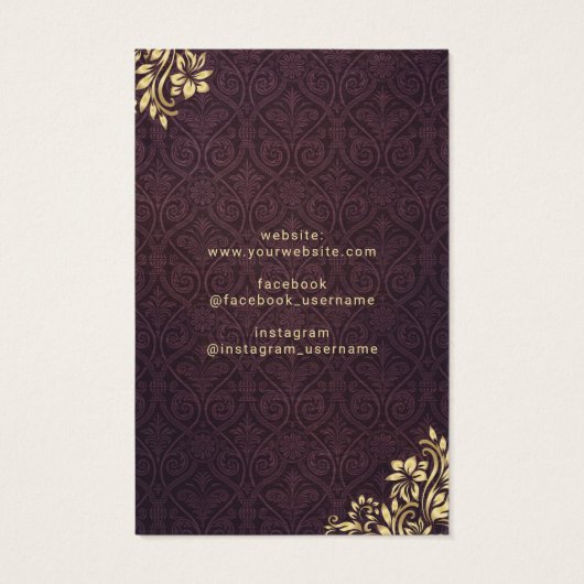 Moderne Gold Ornament Paarse Damask-draagbeeldsche Visitekaartje (Achterkant)