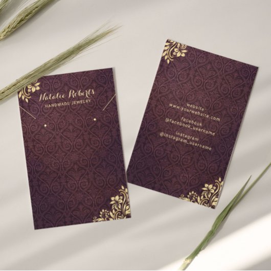 Moderne Gold Ornament Paarse Damask-draagbeeldsche Visitekaartje