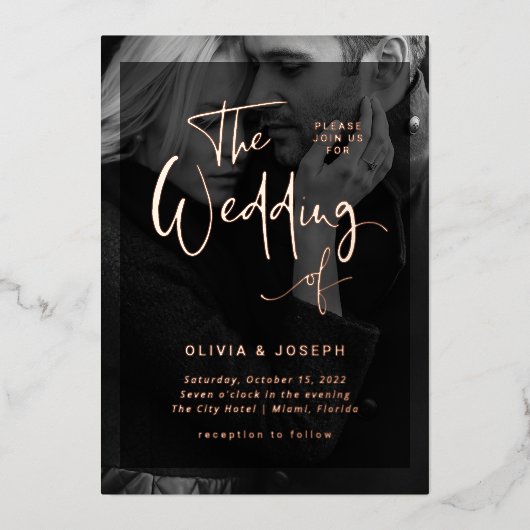 Moderne Gold-overlay Roos | Fotobruiloft Folie Uitnodiging (Voorkant)