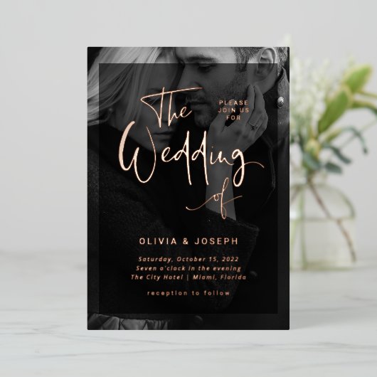 Moderne Gold-overlay Roos | Fotobruiloft Folie Uitnodiging (Staand Voorkant)