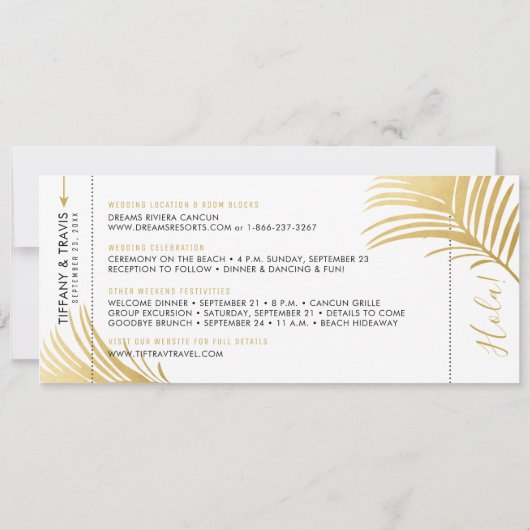 Moderne Gold Palm Leaf Boarding Pass Bewaar de dat Aankondiging (Achterkant)