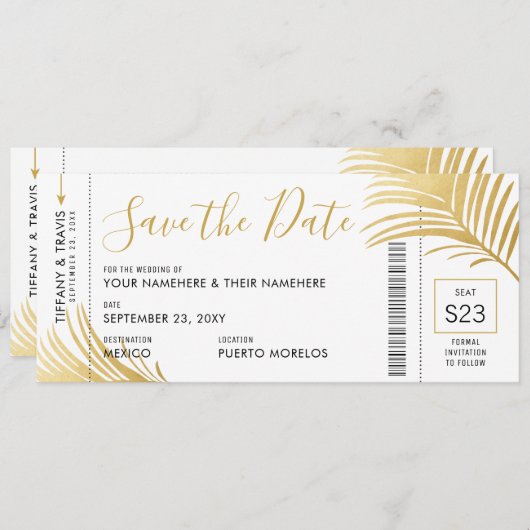 Moderne Gold Palm Leaf Boarding Pass Bewaar de dat Aankondiging (Voorkant / Achterkant)