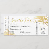 Moderne Gold Palm Leaf Boarding Pass Bewaar de dat Aankondiging (Voorkant)