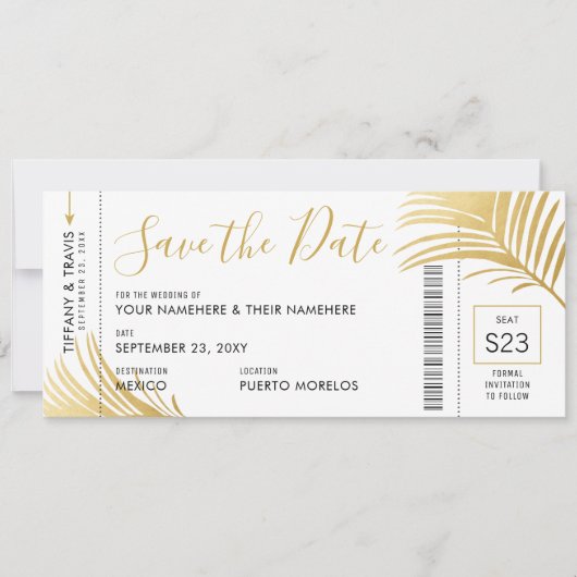 Moderne Gold Palm Leaf Boarding Pass Bewaar de dat Aankondiging (Voorkant)