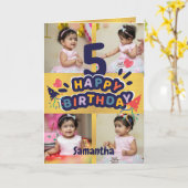Moderne Gold Photo Name Happy 5th Birthday Kaart (Gele Bloem)