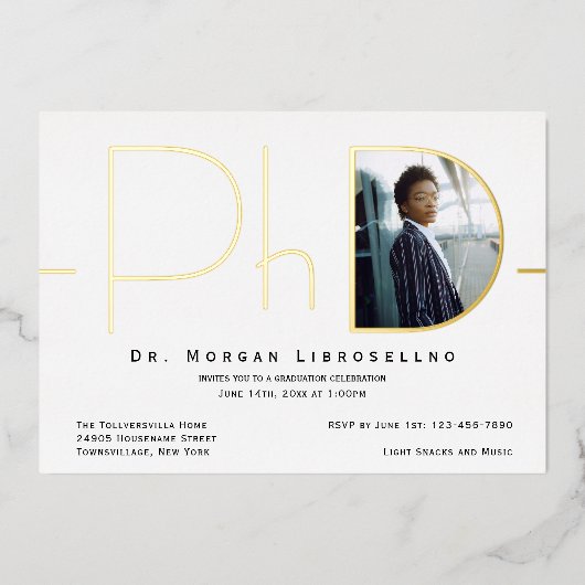 Moderne Gold Photo PhD Afstuderen Folie Uitnodigin Folie Uitnodiging (Voorkant)