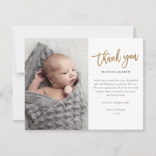 Moderne Gold Script 2 Foto Baby Bedankkaart (Voorkant)
