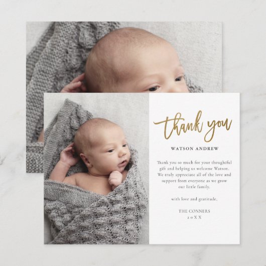 Moderne Gold Script 2 Foto Baby Bedankkaart (Voorkant / Achterkant)
