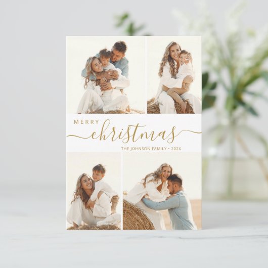 Moderne Gold Script 4-fotokerstfeestkaart Kaart (Staand voorkant)