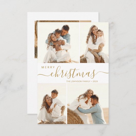 Moderne Gold Script 4-fotokerstfeestkaart Kaart (Voorkant / Achterkant)