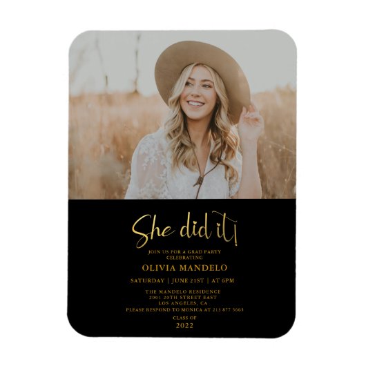 Moderne Gold Script Afstudeerder Party Photo Invit Magneet (Verticaal)
