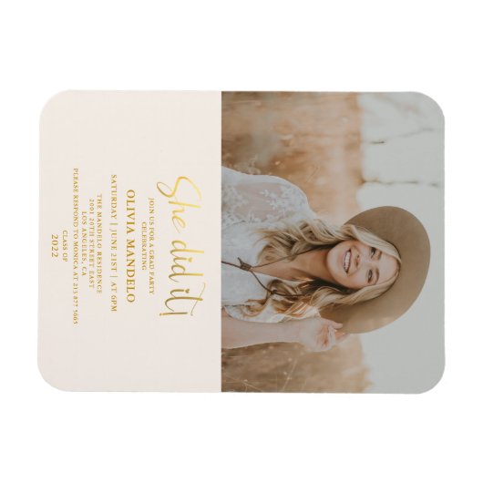 Moderne Gold Script Afstudeerder Party Photo Invit Magneet (Horizontaal)