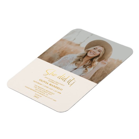 Moderne Gold Script Afstudeerder Party Photo Invit Magneet (Linkerzijde)