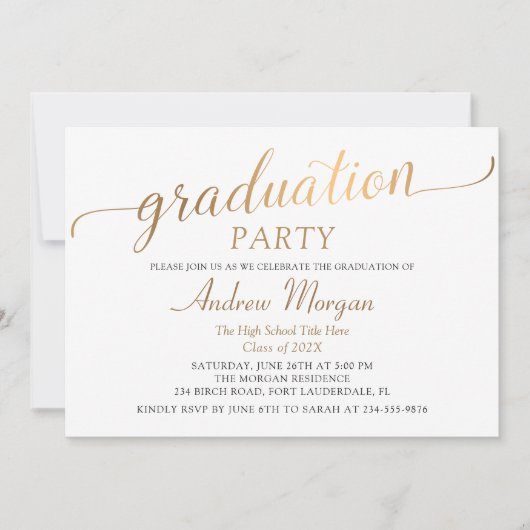 Moderne Gold Script Black & White Graduparty Kaart (Voorkant)