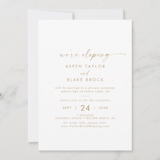Moderne Gold Script Elopement Reception Kaart (Voorkant)