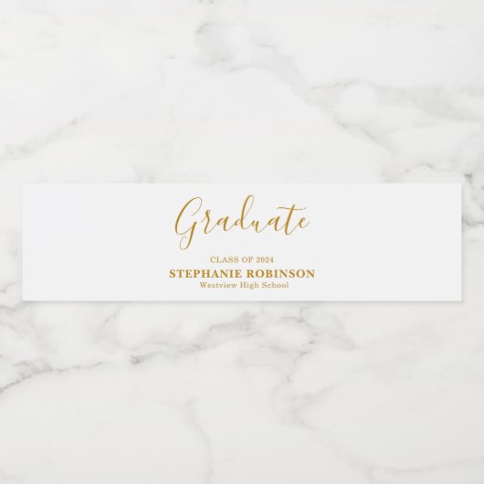 Moderne Gold Script Graduation Party Waterfles Etiket (Enkel label)