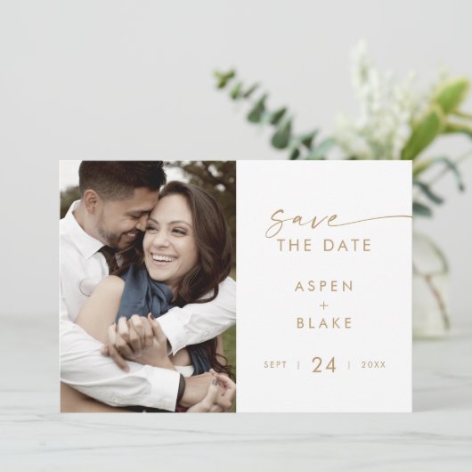 Moderne Gold Script Photo Save the Date (Staand voorkant)