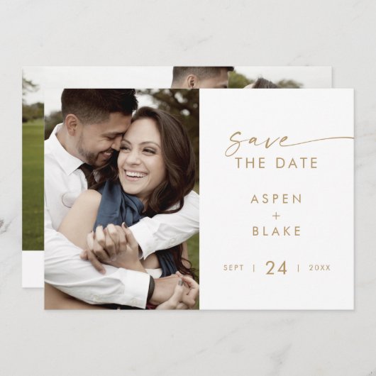 Moderne Gold Script Photo Save the Date (Voorkant / Achterkant)