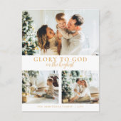 Moderne Gold Script Religieuze Kerstmis 3 Foto Feestdagenkaart (Voorkant)