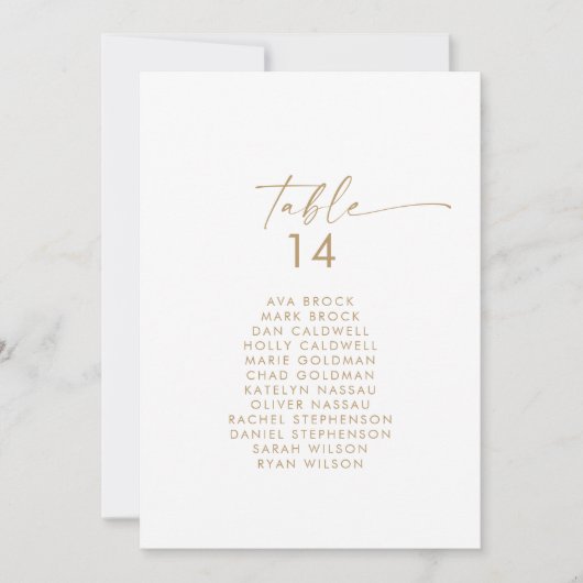 Moderne Gold Script Table Number Seating Chart (Voorkant)