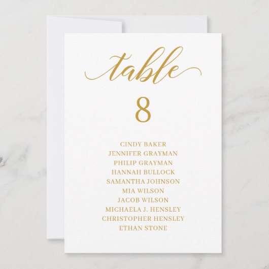 Moderne Gold Script Table Number Seating Chart Kaart (Voorkant)