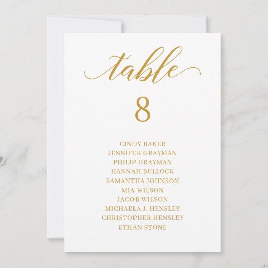 Moderne Gold Script Table Number Seating Chart Kaart (Achterkant)