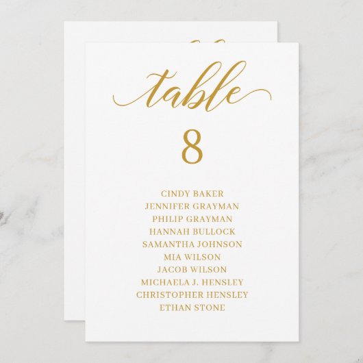 Moderne Gold Script Table Number Seating Chart Kaart (Voorkant / Achterkant)