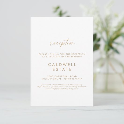 Moderne Gold Script Wedding Reception Kaart invoeg (Staand voorkant)