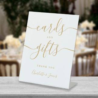Moderne Gold Signature Script-Kaarten en -cadeaus Reclamebord Met Voetstuk