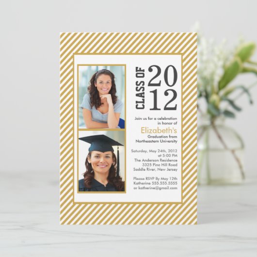 Moderne Gold Stripes Photo Afstuderen-uitnodiging Kaart (Staand voorkant)