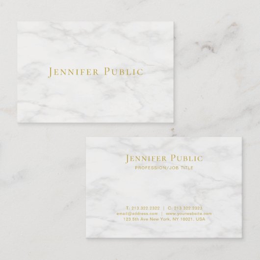 Moderne Gold Text White Marble Minimalist Sjabloon Visitekaartje (Voorkant / Achterkant)