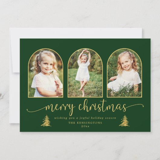 Moderne Gold Tree Arch 3 FotoKerstmis Feestdagenkaart (Voorkant)