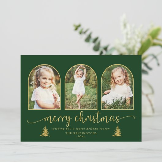 Moderne Gold Tree Arch 3 FotoKerstmis Feestdagenkaart (Staand voorkant)