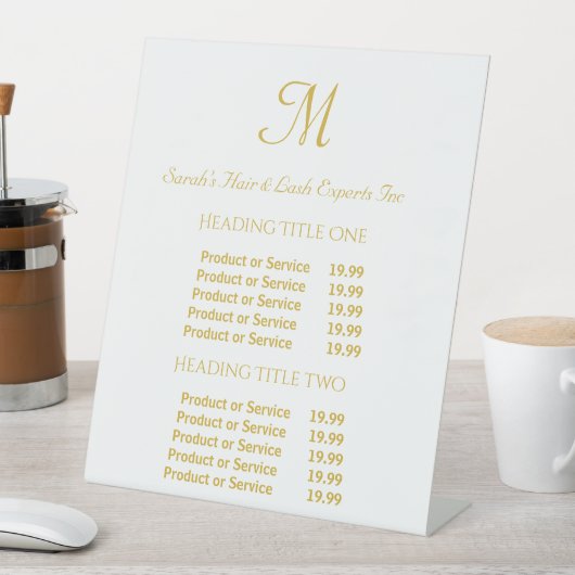 Moderne Gold & White Monogram Script Salon Reclamebord Met Voetstuk (Insitu)