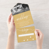 Moderne Gold & White Simple Script Weddenschap All In One Uitnodiging (Afscheurbaar)