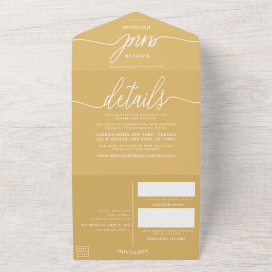 Moderne Gold & White Simple Script Weddenschap All In One Uitnodiging (Buitenkant)