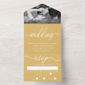 Moderne Gold & White Simple Script Weddenschap All In One Uitnodiging (Binnen)