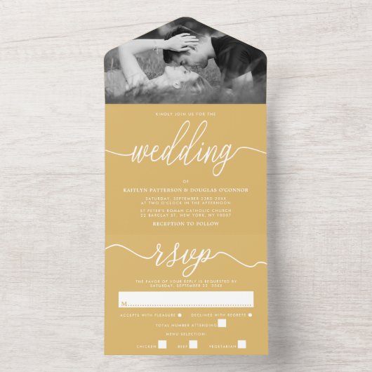 Moderne Gold & White Simple Script Weddenschap All In One Uitnodiging (Binnen)