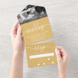 Moderne Gold & White Simple Script Weddenschap All In One Uitnodiging