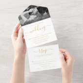 Moderne Gold & White Simple Script Weddenschap All In One Uitnodiging (Afscheurbaar)