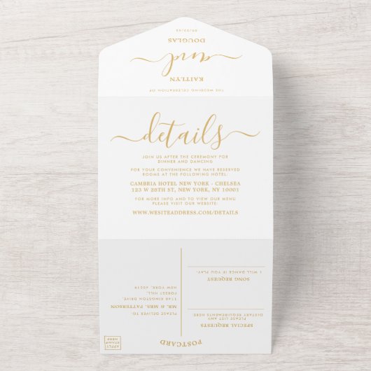 Moderne Gold & White Simple Script Weddenschap All In One Uitnodiging (Buitenkant)