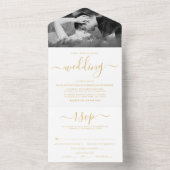 Moderne Gold & White Simple Script Weddenschap All In One Uitnodiging (Binnen)
