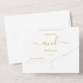 Moderne Gold & White Simple Script Weddenschap All In One Uitnodiging (Achterkant)