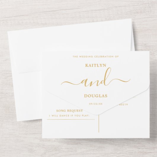 Moderne Gold & White Simple Script Weddenschap All In One Uitnodiging (Achterkant)