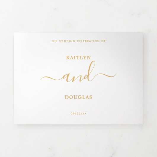 Moderne Gold & White Simple Script Wedding Suite Drieluik Uitnodiging (Cover)