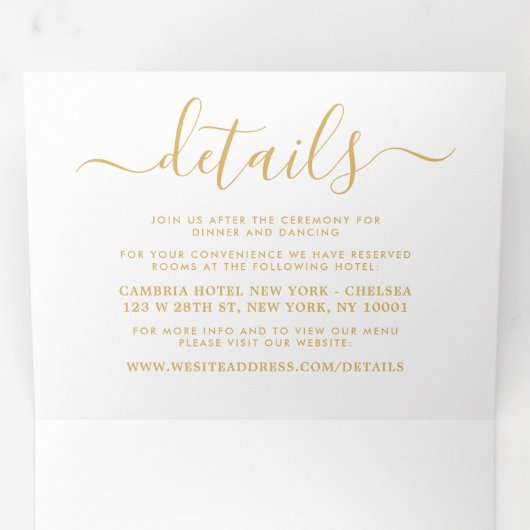 Moderne Gold & White Simple Script Wedding Suite Drieluik Uitnodiging (Binnenzijde eerst)