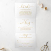 Moderne Gold & White Simple Script Wedding Suite Drieluik Uitnodiging (Binnen)