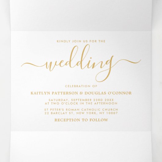 Moderne Gold & White Simple Script Wedding Suite Drieluik Uitnodiging (Binnenkant midden)