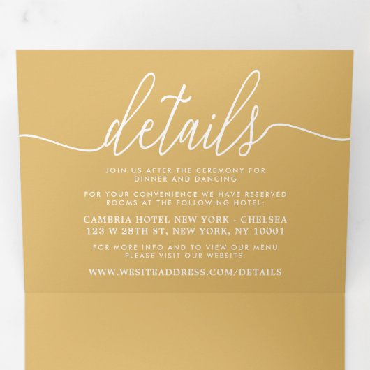 Moderne Gold & White Simple Script Wedding Suite Drieluik Uitnodiging (Binnenzijde eerst)